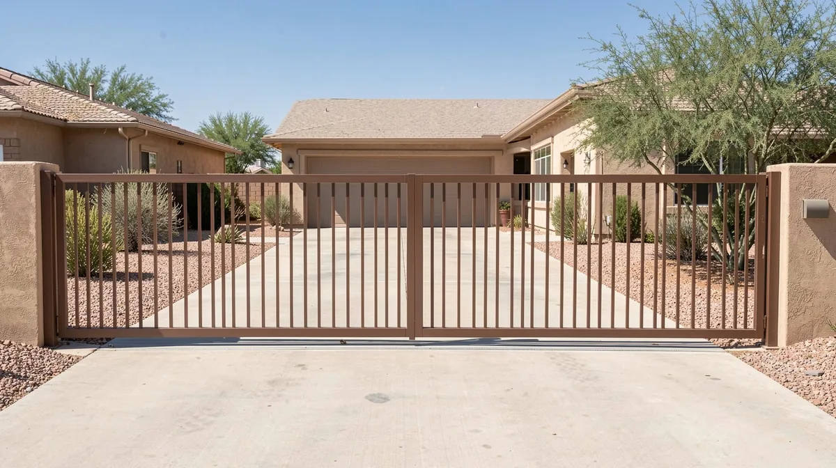 Bronze powder coated aluminum driveway gate with slim vertical pickets across a concrete drive