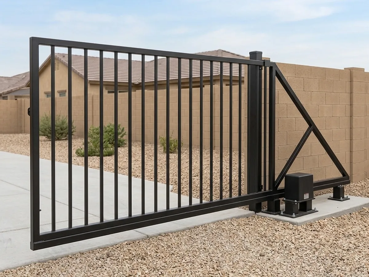 Black steel cantilever slide gate with a triangular truss tail, carried on short posts clear of the ground