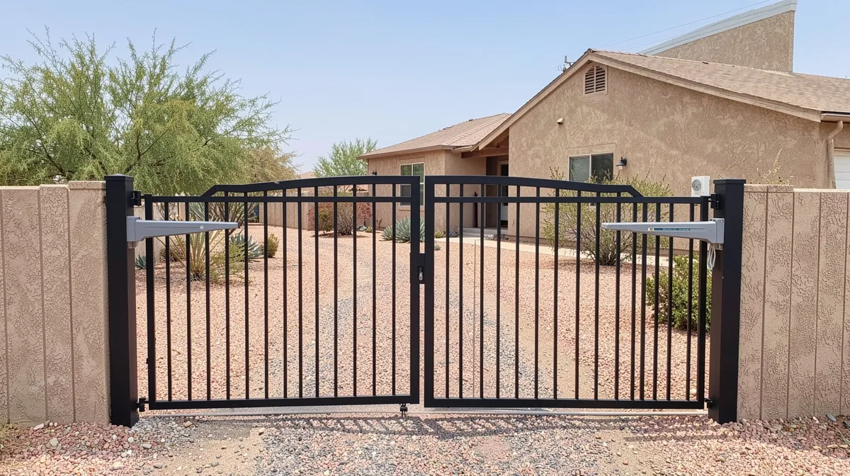 Double swing steel driveway gate with an automatic operator arm on each leaf