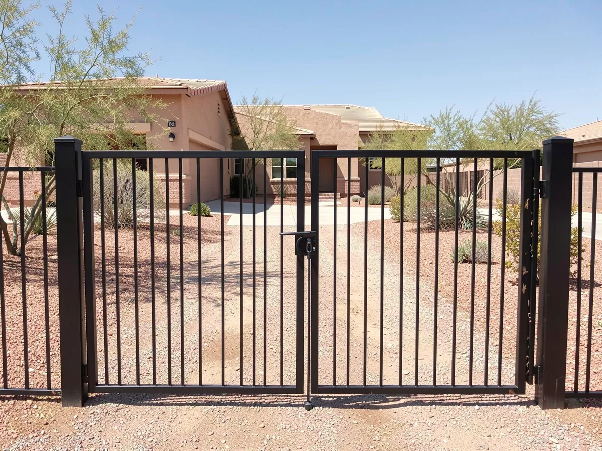 Closed double swing black iron gate with a drop rod latch where the two leaves meet