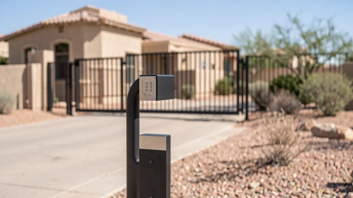Gate keypad on a black gooseneck post at the edge of a driveway