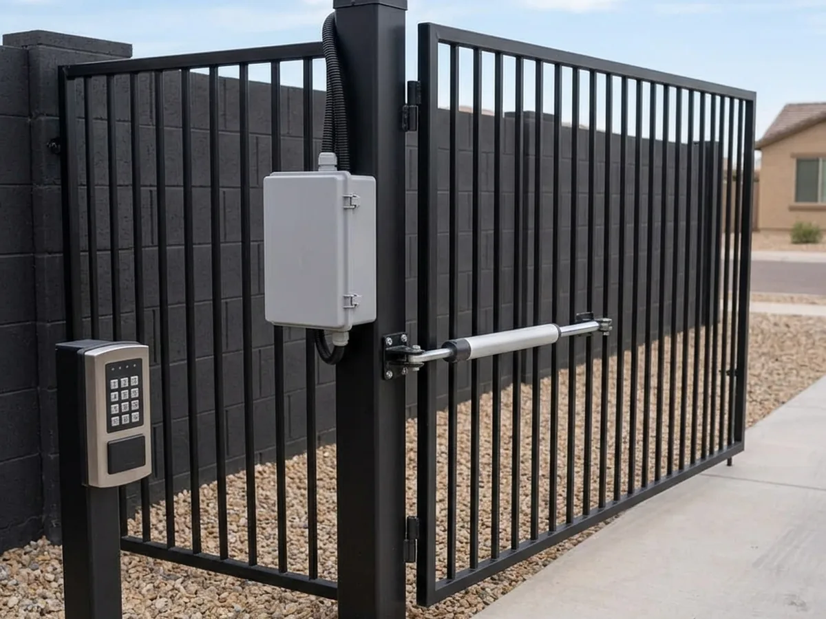 Keypad on a post beside a steel swing gate with a control box and an automatic opener arm