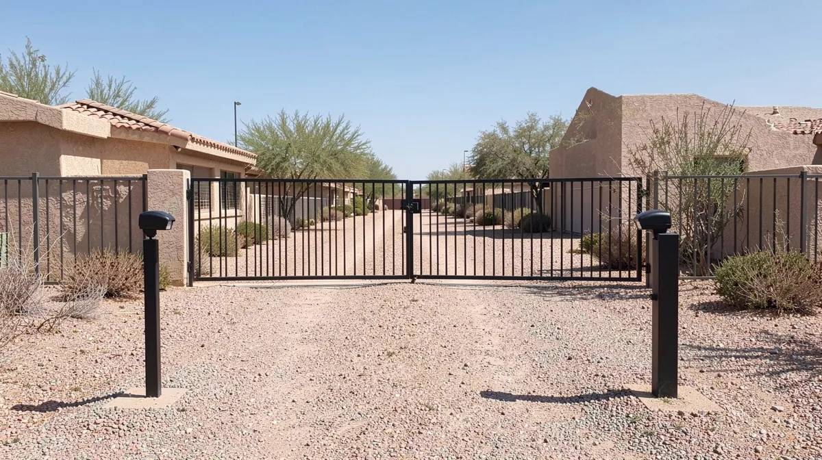 Two photo eye safety sensors on short posts facing each other across a gate opening