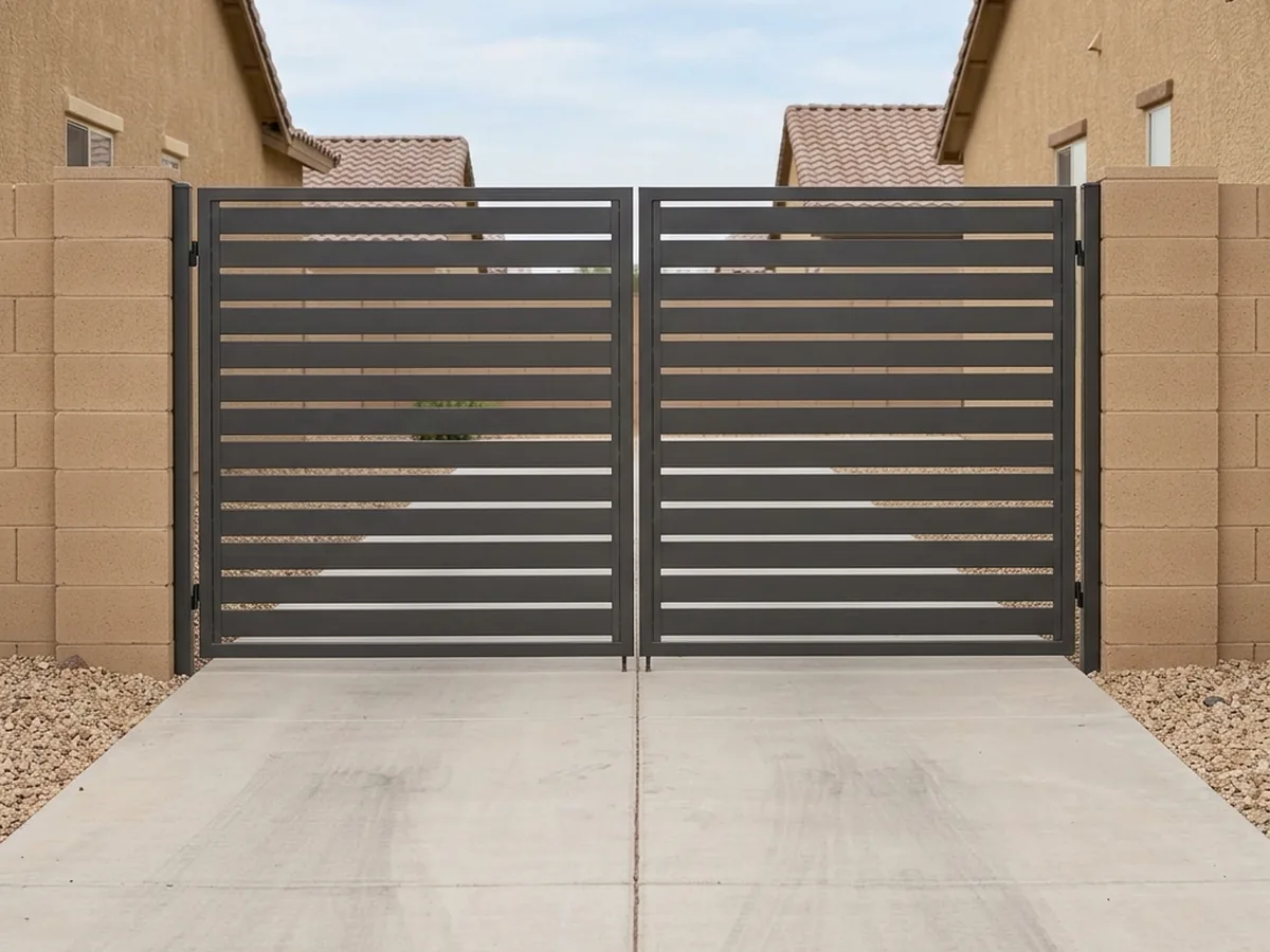 Closed double swing driveway gate made of horizontal charcoal steel slats between two block pillars