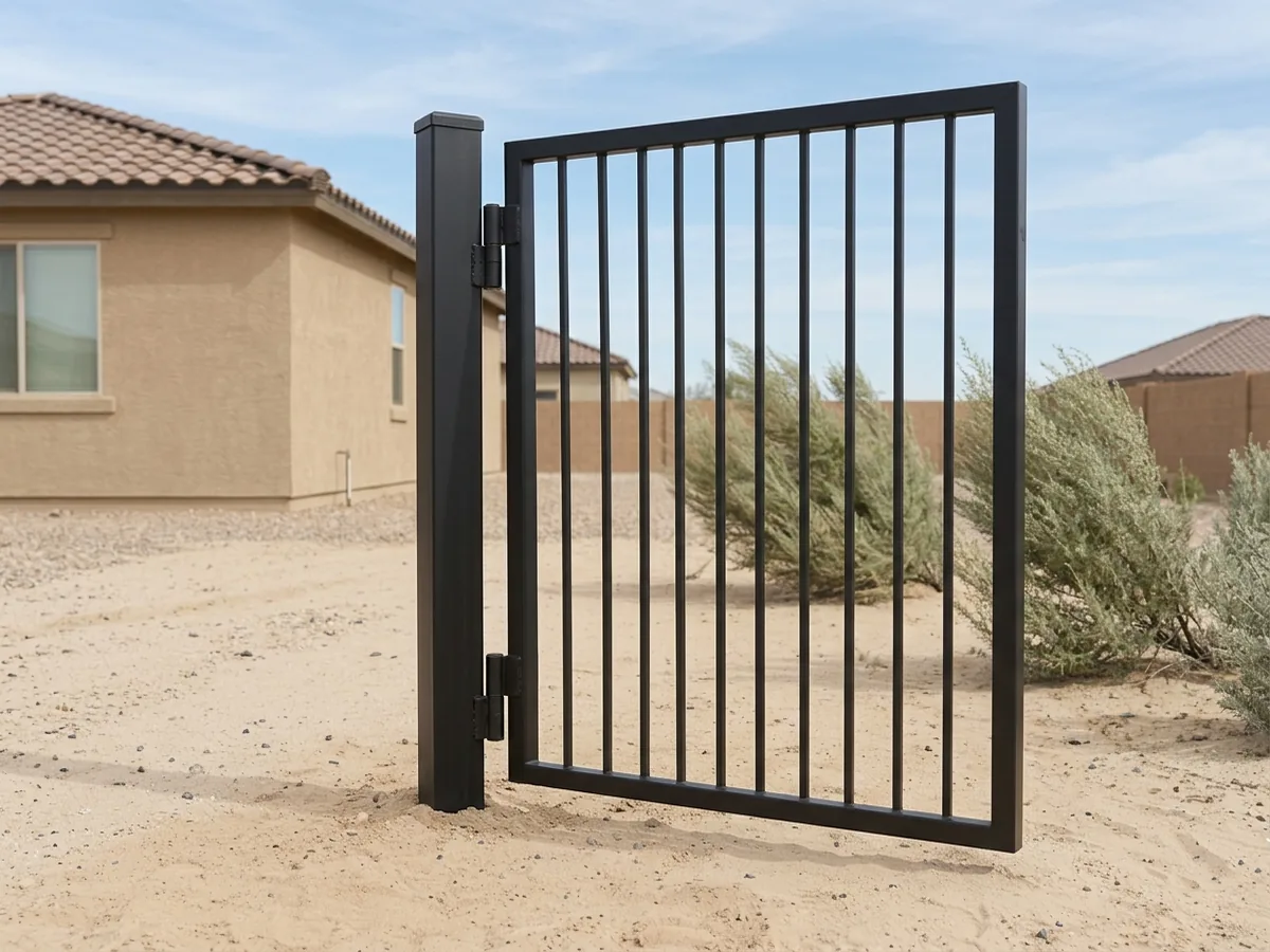 Black steel picket walk gate standing half open on two hinges, desert shrubs showing through the bars