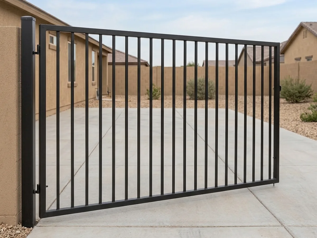 Single leaf black steel picket gate hung on hinges from a square post beside a concrete driveway