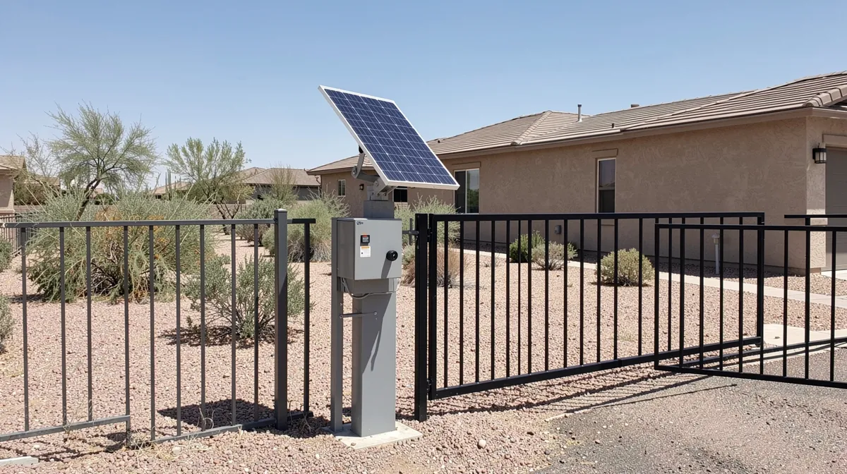 Small solar panel on a post above a gray gate operator control box beside a steel gate