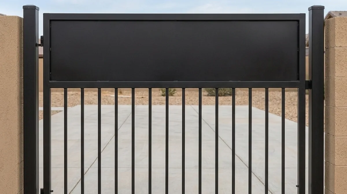 Black steel gate with a solid top panel over open vertical pickets, hung between two square posts