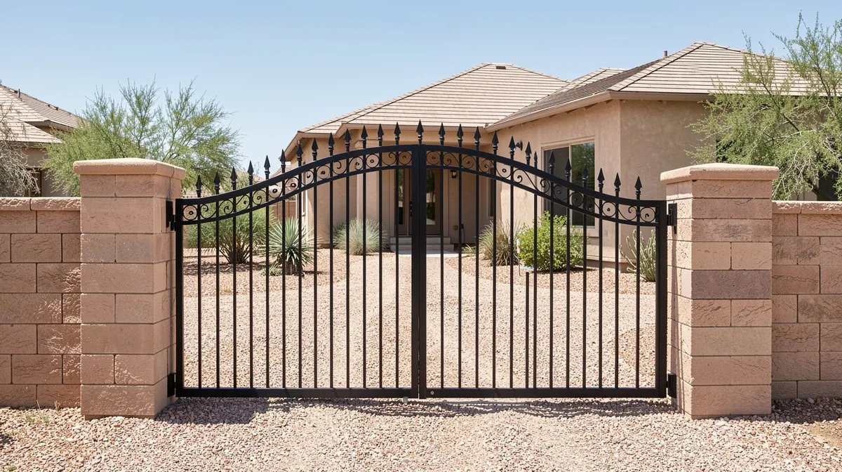 Black wrought iron style driveway gate with scrolls and spear tops between block pillars